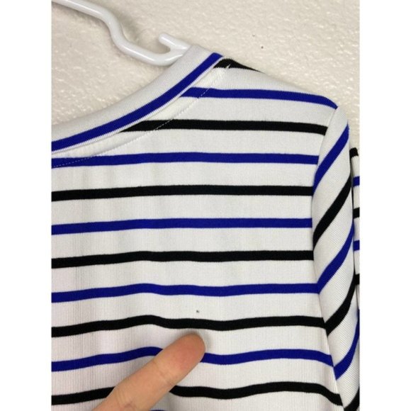 BB Dakota Striped Shirt Womens Medium Blue White Short Sleeves Boxy Crew Neck - Picture 6 of 8